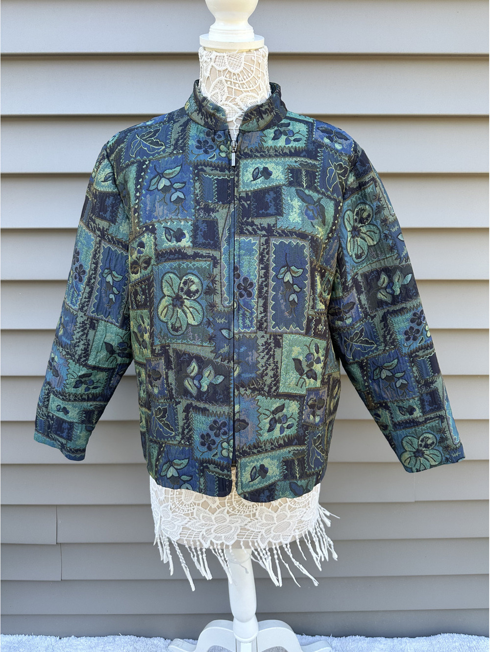 Coldwater Creek Vintage Inspired Patchwork Floral Jacket in Blue Green
